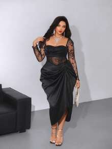 Viva Relle 大码女式低胸长袖缎面蕾丝拼布镂空花卉荷叶边中长款黑色连衣裙，优雅复古休闲派对鸡尾酒礼服 - 黑色 - 查看 3