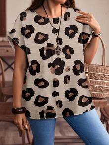 EMERY ROSE Casual Minimalist Leopard Print Loose Round Neck Long Sleeve Plus Size Shirt Suitable For Summer - Black - View 4