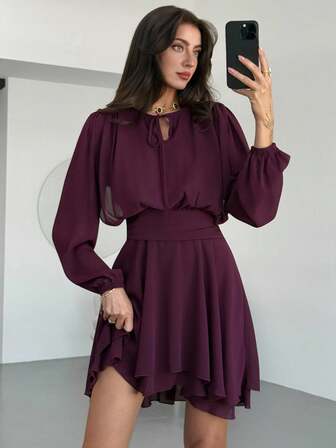 Aloruh Plum Purple Romantic Date Music Festival Tie-Up Long Sleeve Ruffle Hem Mini Dress For Women
