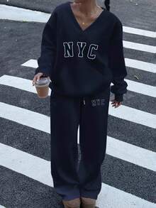 Muchica Set de sudadera y pantalón de chándal de felpa esponjosa con estampado de NYC en azul marino, cuello en V, holgado y elástico, para otoño/invierno - Azul Marino - Ver 3