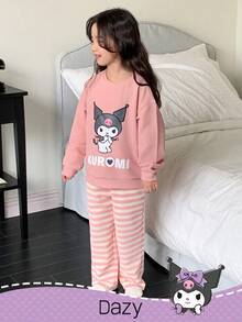 DAZY HELLO KITTY AND FRIENDS | SHEIN 少女圆领针织长袖运动衫和条纹裤睡衣套装，秋季 - 粉色 - 查看 4