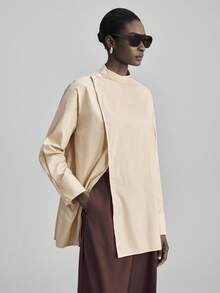 Ontre 2026春夏女士优雅长袖衬衫，适合独立日、海滩、度假、毕业典礼、办公室、商务、休闲等场合，纯色，侧开衩下摆，百搭 - 杏色 - 查看 5