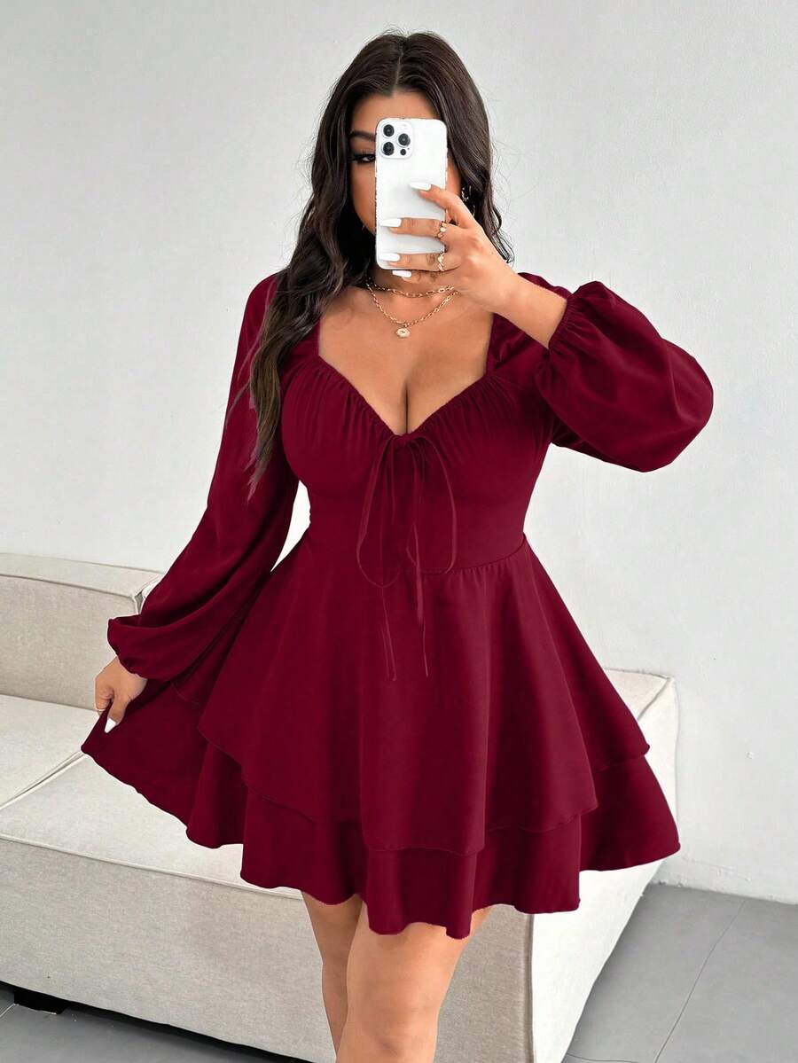 Vionelle Plus-Size Women's Double-Layer A-Line Bow Red Christmas Dress For New Year's And Valentine's Day Fall - Burgundy - View 1