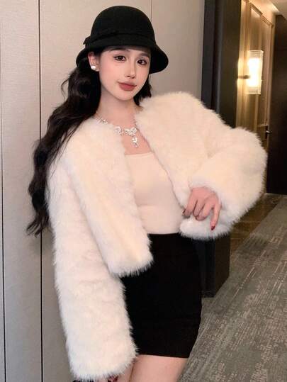 DAZY Women's Solid Color Long Sleeve Open Front Loose Fluffy Winter Coat Jacket Faux Fur Coat