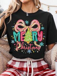 EMERY ROSE Camiseta casual plus size com estampa de Natal "Feliz" colorida - Preto - Ver 1