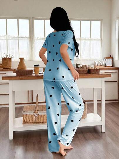Heart Print Short Sleeve Pajama Set Sets Women Pyjama Woman Schattige Sleep Wear Round Neck view 2