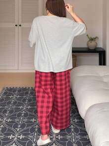 Dazy Plus 兔子印花圆领T恤和格子睡裤睡衣套装 - 白色 - 查看 2