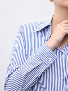 BizChic 女士蓝白条纹印花纽扣前长袖衬衫，时尚通勤衬衫，休闲衬衫，商务休闲衬衫，优雅女士正装上衣 - 藍色 - 查看 5