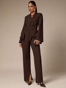 Silquee Áo khoác vest buộc eo màu trơn thanh lịch, thích hợp mặc đi làm thời trang thu đông cho nữ - Cà phê nâu - Xem 5