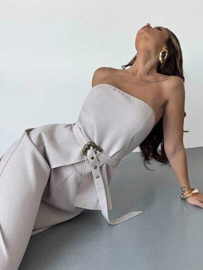 Firerie 女士优雅简约卡其色纯色金属扣吊带背心上衣，适合春夏季通勤、优雅、性感、音乐节