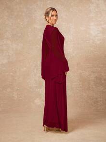 Lumalex 女士宽松薄纱连衣裙，系带腰带，飘逸袖子，婚礼宾客礼服 - 酒紅色 - 查看 3