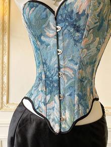 SHEIN MOD 提花鱼骨边优雅露肩前扣吊带背心 - 藍色 - 查看 7