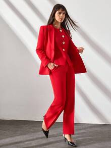 CLARA VERO Women's Red Gold Button Front Seam Detailed Wide Leg Good Quality Elegant Three Pieces Suit Set - Red - View 7