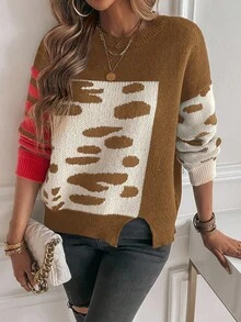 EMERY ROSE Áo len chui đầu họa tiết hình học màu khối tối giản, dáng rộng, cắt gấu, thu/đông - Nhiều màu - Xem 6