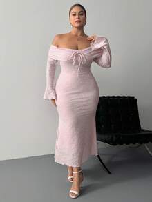 SHEIN PETITE CURVE 大码女式露肩修身长袖喇叭袖优雅连衣裙 - 粉色 - 查看 6