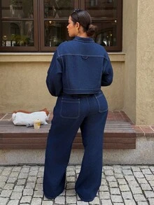 SHEIN Tall CURVE Plus Size Fall Autumn Winter Halloween Christmas New Year Business Casual Woman Country Vintage Modest Old Money Business Casual Woman Work Clothes Casual Commuter Denim Jacket + Pants 2 Pieces Set Travel, Commuting, Party, Vacation, Old Money Style, Shopping, Banquet, Elegant, Party, Date - Blue - View 2