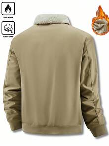 Manfinity Homme Men's Plus Size Winter Fleece Coat, Modest Hiking Outdoor, Loose Khaki Lapel Quilted Lining Zipper Pocket Coat - Khaki - View 2