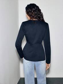 Lumivelle 纯色修身长袖前开衫，小圆领，开衩下摆，收腰，假口袋，金属纽扣，办公室，休闲，优雅，简约，奢华，通勤，知性，专业，春秋女士常规西装外套 - 藏蓝色 - 查看 2