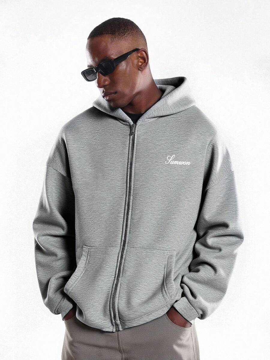 SUMWON 经典全拉链连帽衫，舒适休闲居家服，宽松版型，带侧袋，秋冬季完美之选，纯色 - 深灰色 - 查看 1