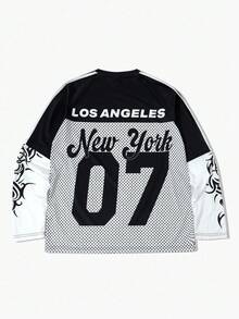 ROMWE MEN Prep Men's Casual Fashion Street Statue Of Liberty & Striped Print Color Block 2 In 1 T-Shirt, Spring/Autumn - White - View 2