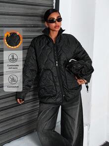 CasuGlow Women Solid Color Padded And Pocket Detailed Winter Coats - Black - View 1