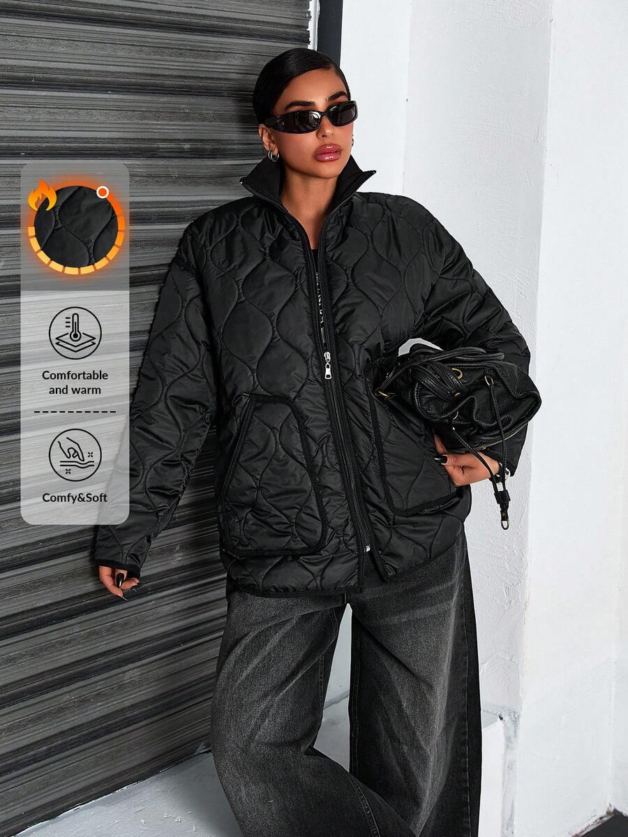 CasuGlow Women Solid Color Padded And Pocket Detailed Winter Coats - Black - View 1