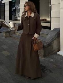 DAZY 女式秋季领口拼色上衣和长裙两件套 - 咖啡棕 - 查看 3