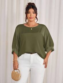 Cravure Plus Size Round Neck 3/4 Sleeve Metallic Fabric Patchwork Color-Blocking Raglan Sleeve Casual Blouse For Outing, Vacation, Commute, Party - Army Green - View 5