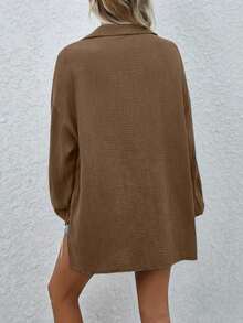 EMERY ROSE Women's Casual Loose Fit Drop Shoulder Long Shirt, Solid Color, Versatile, Spring/Autumn - Coffee Brown - View 2
