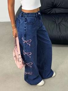 Tween 女童休闲通勤蝴蝶结刺绣宽松阔腿牛仔裤 - 深色水洗藍 - 查看 4