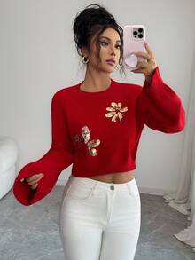 Selianne Women's Fashionable Casual Round Neck Gold Sequin Floral Short Pullover Shiny Sweater, Suitable For Christmas And New Year - Red - View 5