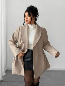 Elenzga Plus Size Fashionable Versatile Double-Breasted Overcoat, Autumn/Winter - Khaki - View 3