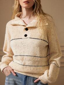 Écloséra Women's Casual Drop Shoulder Striped Button Half-Placket Pullover Sweater, Autumn/Winter