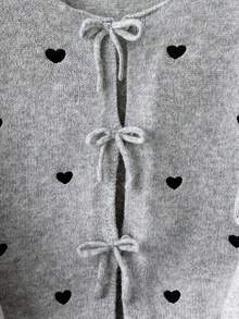 SHEIN Tween Girls' Loose Casual Minimalist Comfortable Round Neck Long Sleeve Tie Bow Heart Cardigan, Back To School Season Fall Winter - Light Grey - View 3