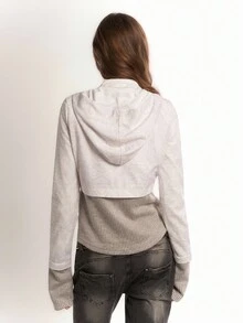 Bloopia Korean Style Casual Lazy Personalized Rejuvenating Women's Autumn/Winter Halloween New Thorn Rhinestone Print Knit Patchwork Zipper 2 In 1 Slim Fit Long Sleeve Hooded Cardigan - White - View 2