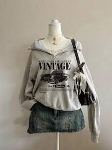 Attitoon Áo nỉ nữ cỡ lớn dáng rộng cổ cao khóa kéo nửa thân in hình xe hơi cổ điển, thích hợp cho mùa thu/đông, phong cách Y2K, áo nỉ phong cách đường phố mùa thu, áo nỉ xe hơi cổ điển, áo nỉ nữ màu xám, áo nỉ cổ điển retro, áo nỉ in hình cổ điển. - Xám - Xem 1