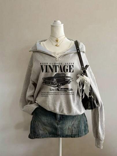 Attitoon Plus Size Women Loose Half Zip High Neck Vintage Car Print Fleece Sweatshirt, Suitable For Autumn/Winter, Y2K, Street Style Fall Vintage Car Sweatshirt Vintage Sweatshirt Women Grey Vintage Sweatshirt Retro Sweatshirt Vintage Graphic Sweatshirt