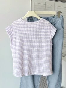 SHEIN 少女条纹圆领短袖休闲T恤，简约休闲，适合日常穿着 - 紫色 - 查看 2