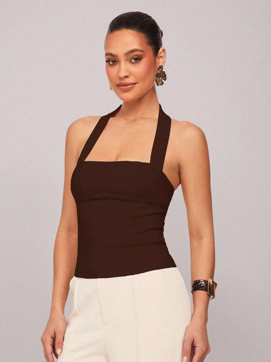 Silquee 性感纯色露背挂脖上衣，夏季 - 咖啡棕 - 查看 1