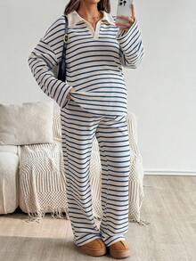 SHEIN 2件套孕妇休闲条纹上衣和裤子套装，秋季 - 藍白色 - 查看 3