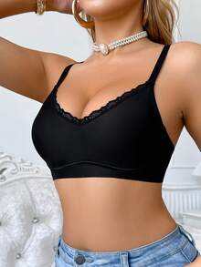 SHEIN 1 件女士简约舒适纯色细肩带文胸 - 黑色 - 查看 5