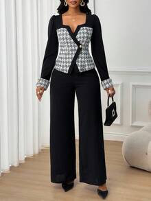 SHEIN Lady Cardigan feminino elegante com blocos de cores e calças largas, conjunto de 2 peças, tecido de outono para mulheres 2025 - Multicolorido - Ver 8