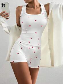 INAWLY Casual Slim Fit Heart Print Short Sleeve Top And Shorts 2 Pieces Set