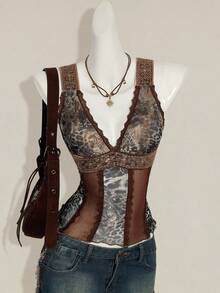 SHEIN ICON 女士性感火辣复古千禧风 Y2K 现代时尚个性前卫波西米亚风黑色佩斯利混色豹纹拼接网纱蕾丝撞色异域风情缎带V领修身上衣 - 彩色 - 查看 5