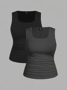 SHEIN Comfortcana 2pcs Casual Solid Color Versatile Fitted Camisole Vest Top, Suitable For Plus Size Women In Summer & Autumn - Multicolor - View 1