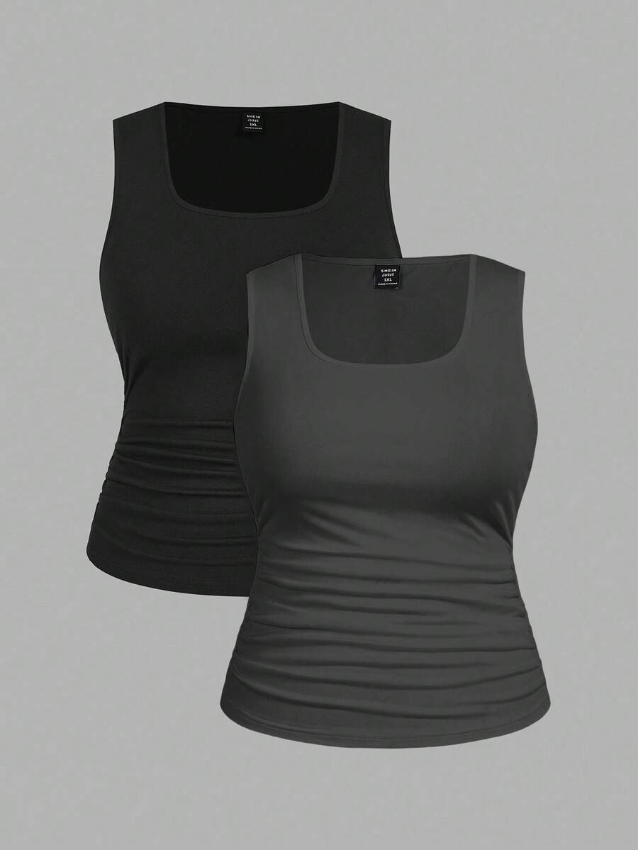 SHEIN Comfortcana 2pcs Casual Solid Color Versatile Fitted Camisole Vest Top, Suitable For Plus Size Women In Summer & Autumn - Multicolor - View 1