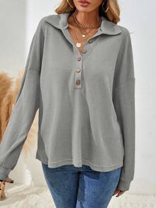 EMERY ROSE Áo thun nữ dáng rộng, cánh dơi, màu trơn, cài nút, mùa thu - Xám - Xem 3