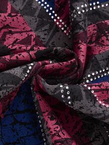 ROMWE J-Fashion 复古十字水钻和金箔印花褶皱腰复古拼色黑白条纹饰边金色星星肩带不对称 T 恤 - 黑色 - 查看 4