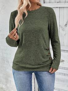 EMERY ROSE Plus Size Women Casual Long Sleeve Round Neck Button Hem T-Shirt - Army Green - View 3