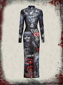 The Conjuring X ROMWE Horror Halloween Figure Graphic Mesh Sheer High Slit Dress - Multicolor - View 1